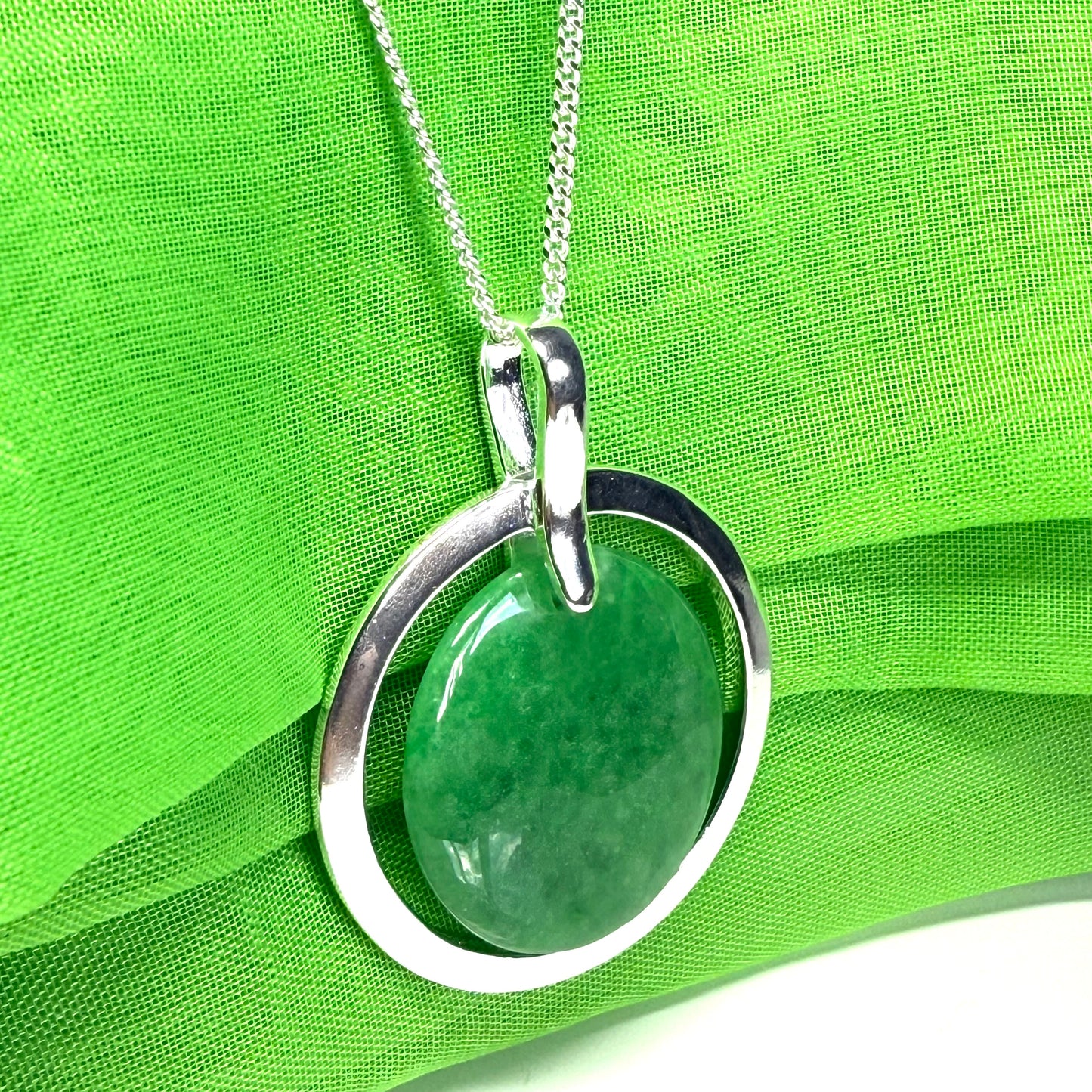 Large round shaped necklace sterling silver green real jade halo styled circle pendant, a really beautiful design