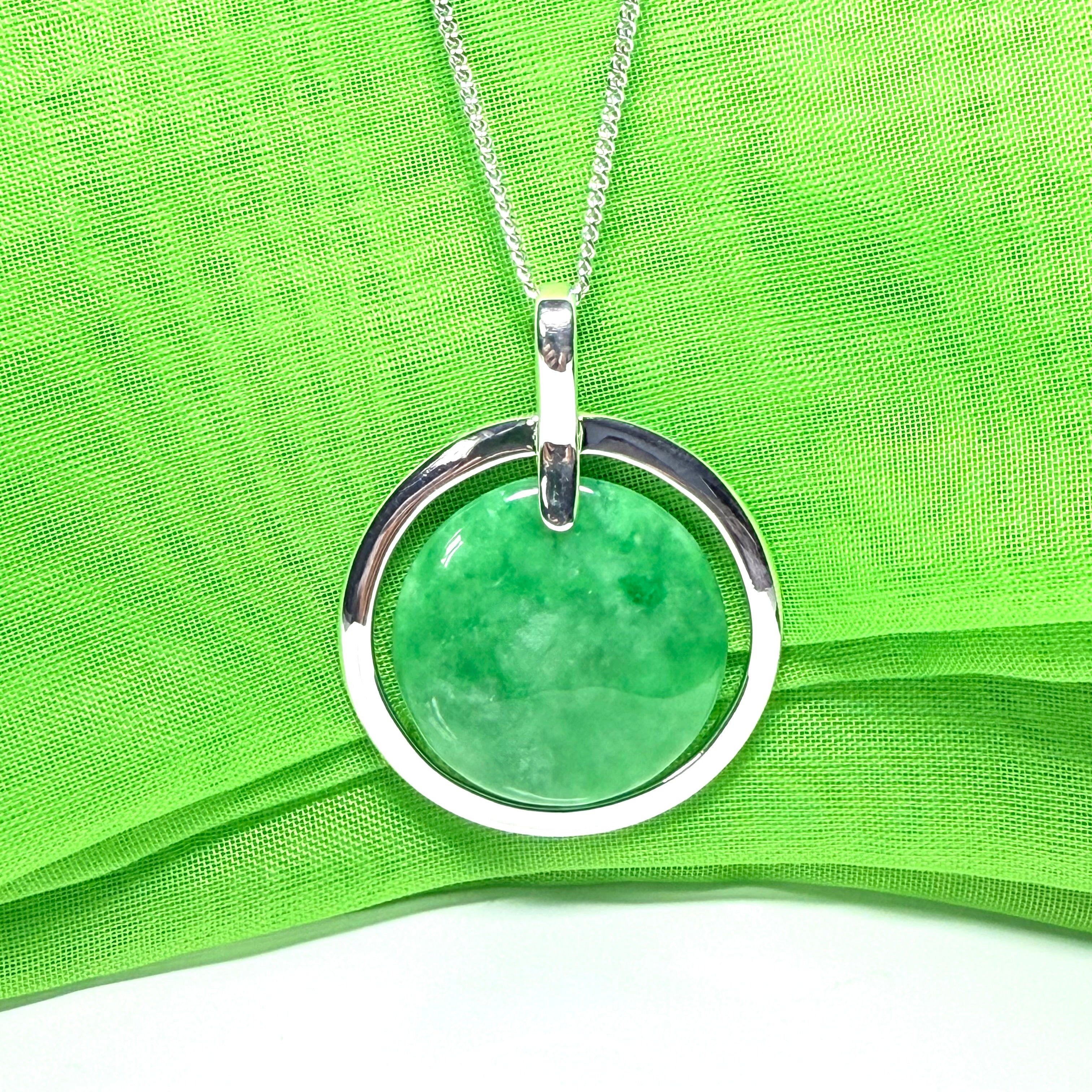 Large round shaped necklace sterling silver green real jade halo style ...