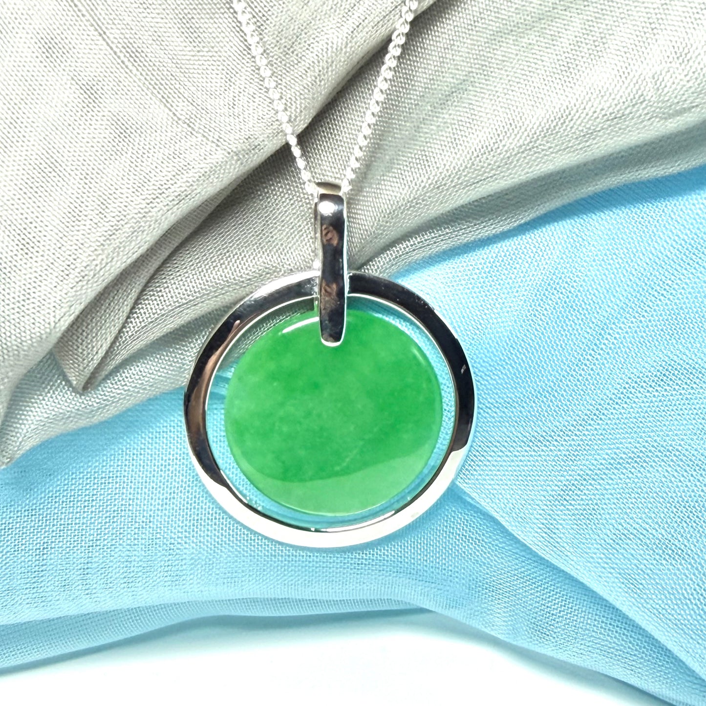 Large round necklace sterling silver green real jade halo style pendant