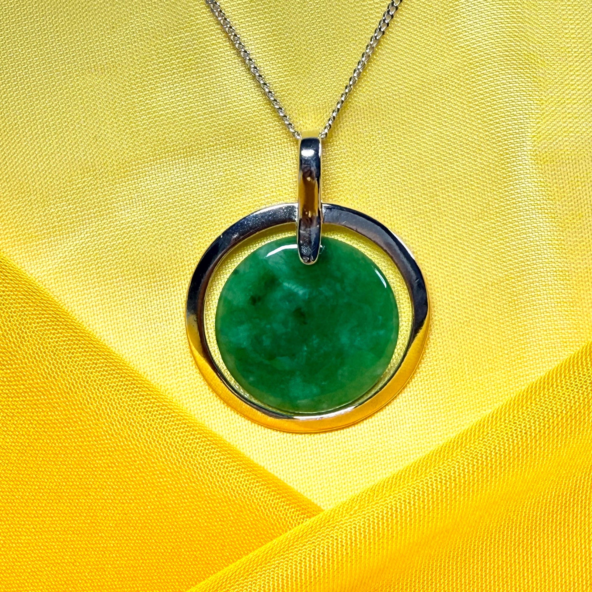 Large silver round shaped dark green real jade pendant necklace