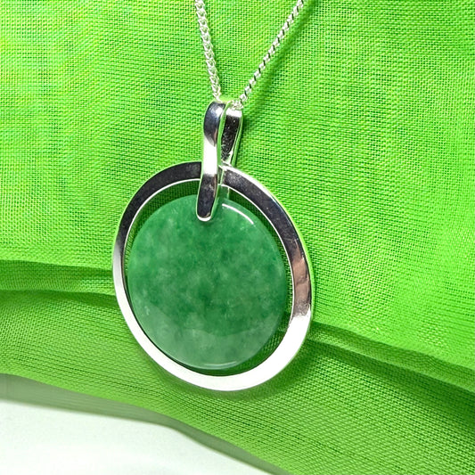 Large silver round shaped dark green real jade necklace pendant