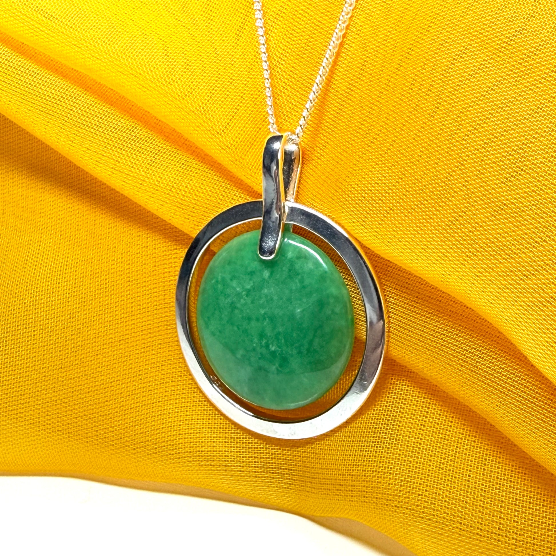Large silver round shaped dark green real jade necklace pendant with chain