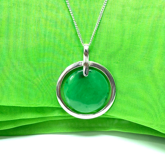 Large silver round shaped dark green real jade pendant halo designed necklace