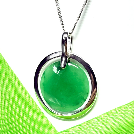 Large silver round shaped dark green real jade pendant halo designed necklace