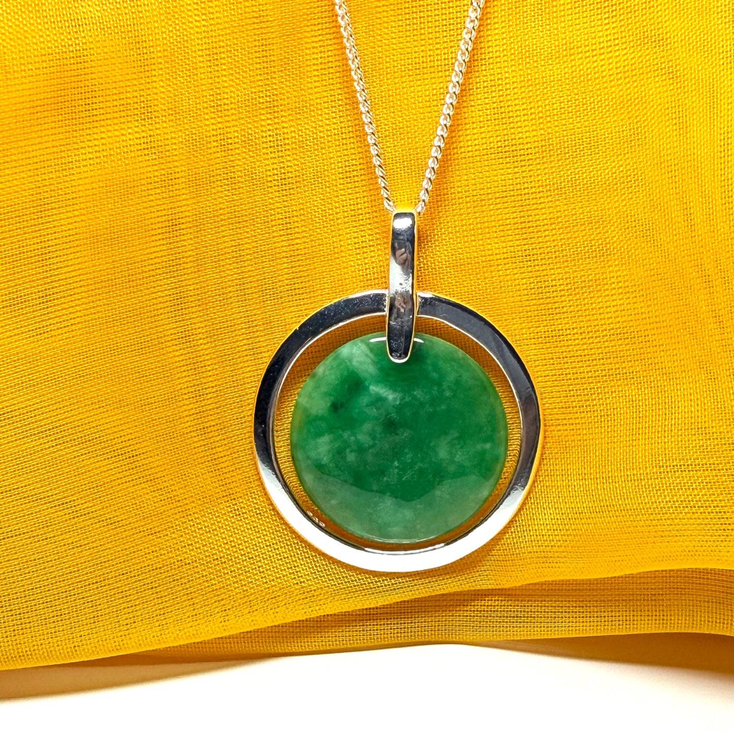 Large silver round shaped dark green real jade pendant necklace