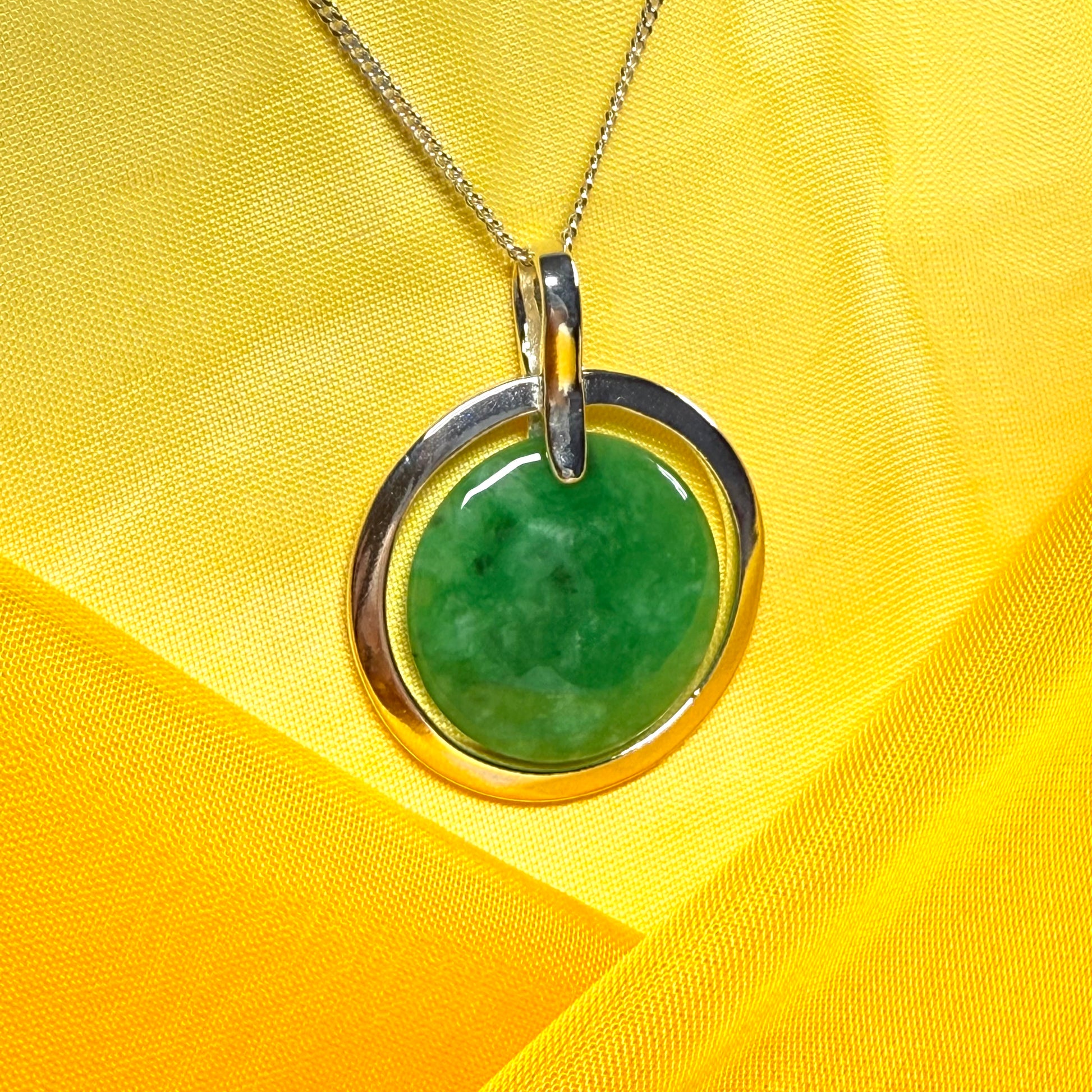 Large silver round shaped dark green real jade pendant necklace
