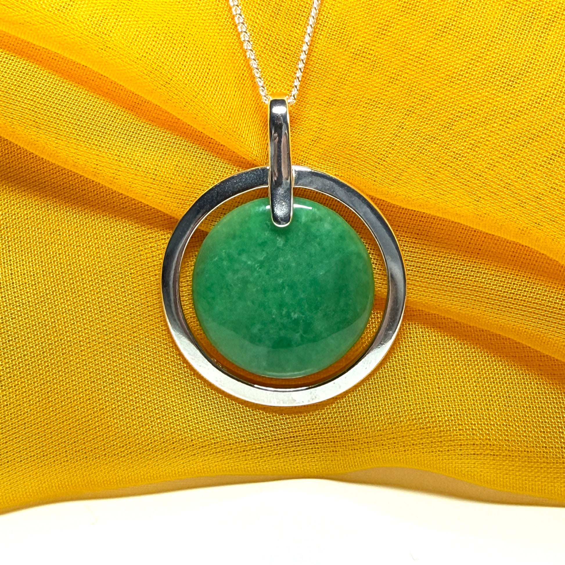 Large silver round shaped dark green real jade necklace pendant with chain