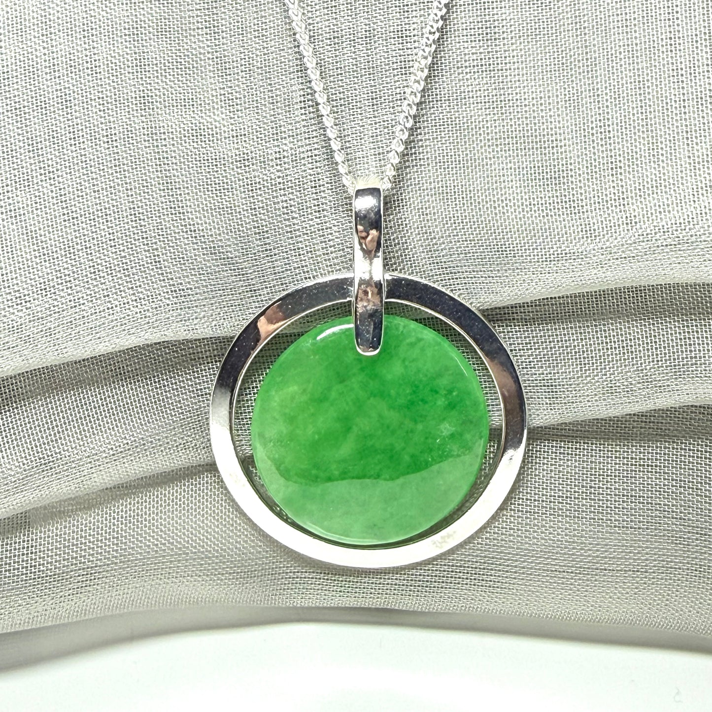 Large silver round shaped green real jade pendant halo designed necklace with chain