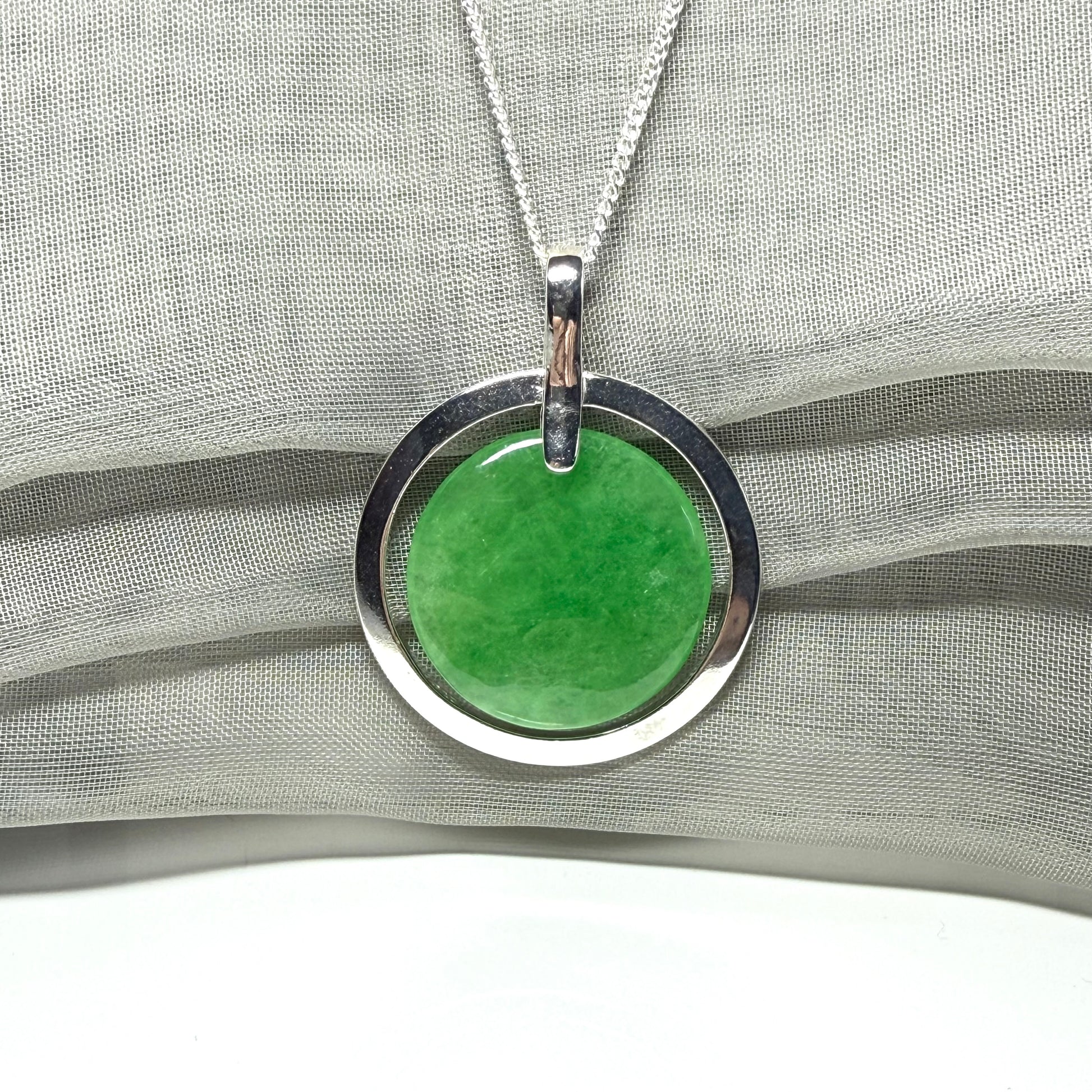 Large silver round shaped green real jade pendant halo designed necklace with chain