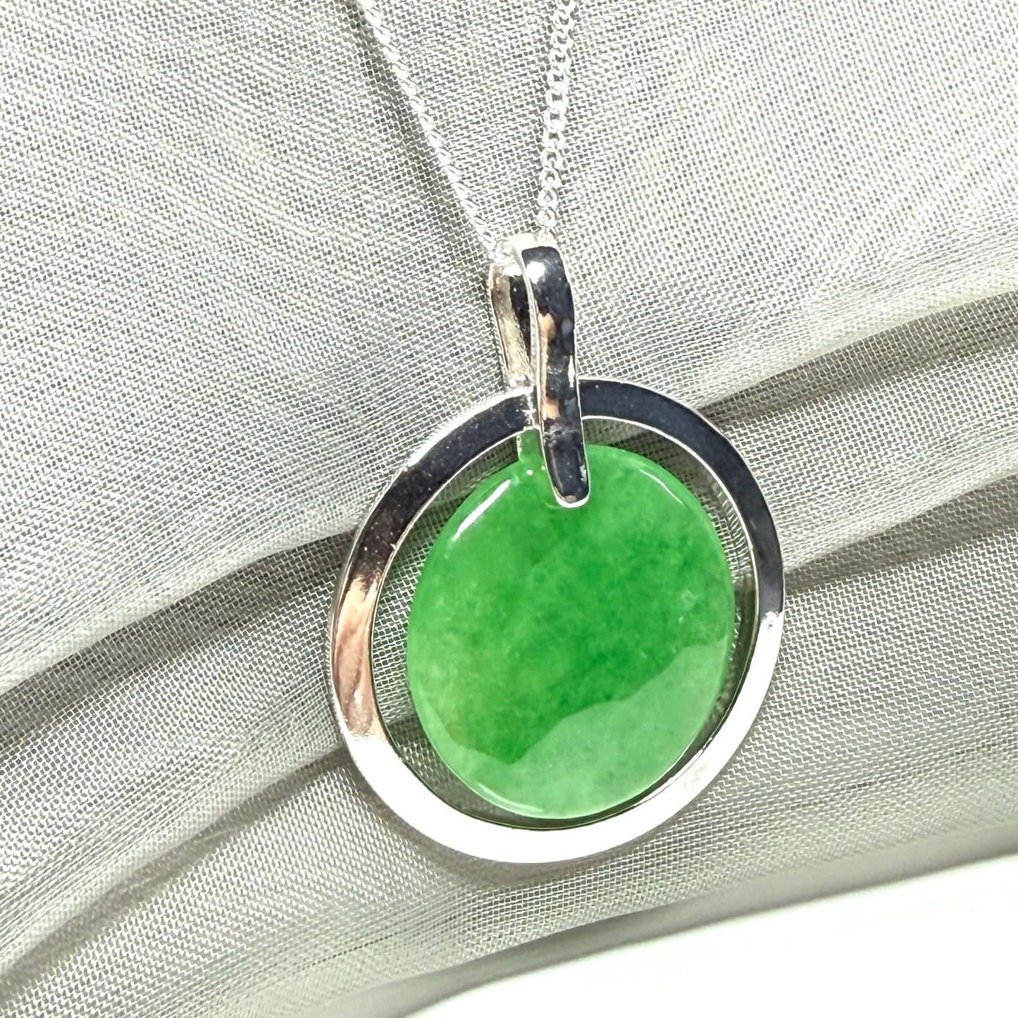 Large silver round shaped green real jade pendant halo designed necklace with chain