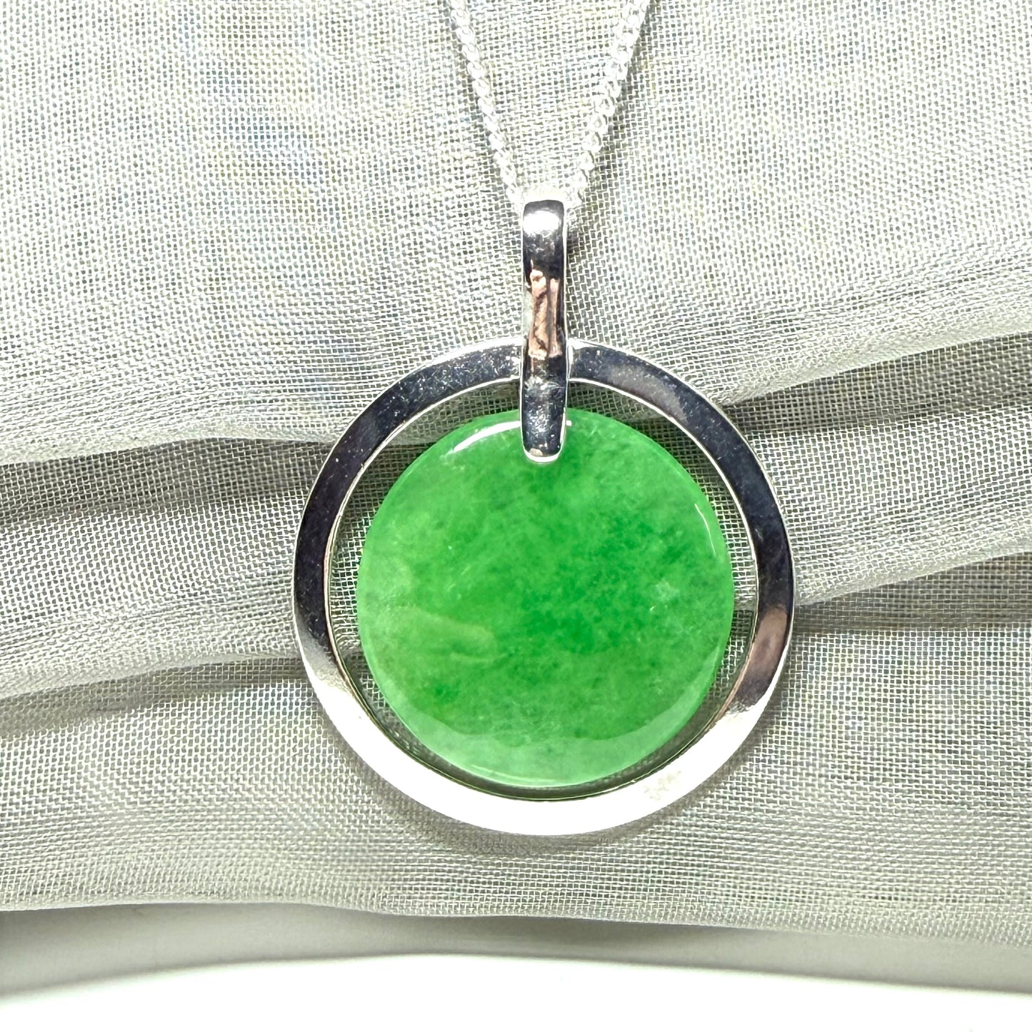 Large silver round shaped green real jade pendant halo designed necklace with chain