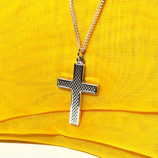 Large solid men’s patterned sterling silver cross necklace