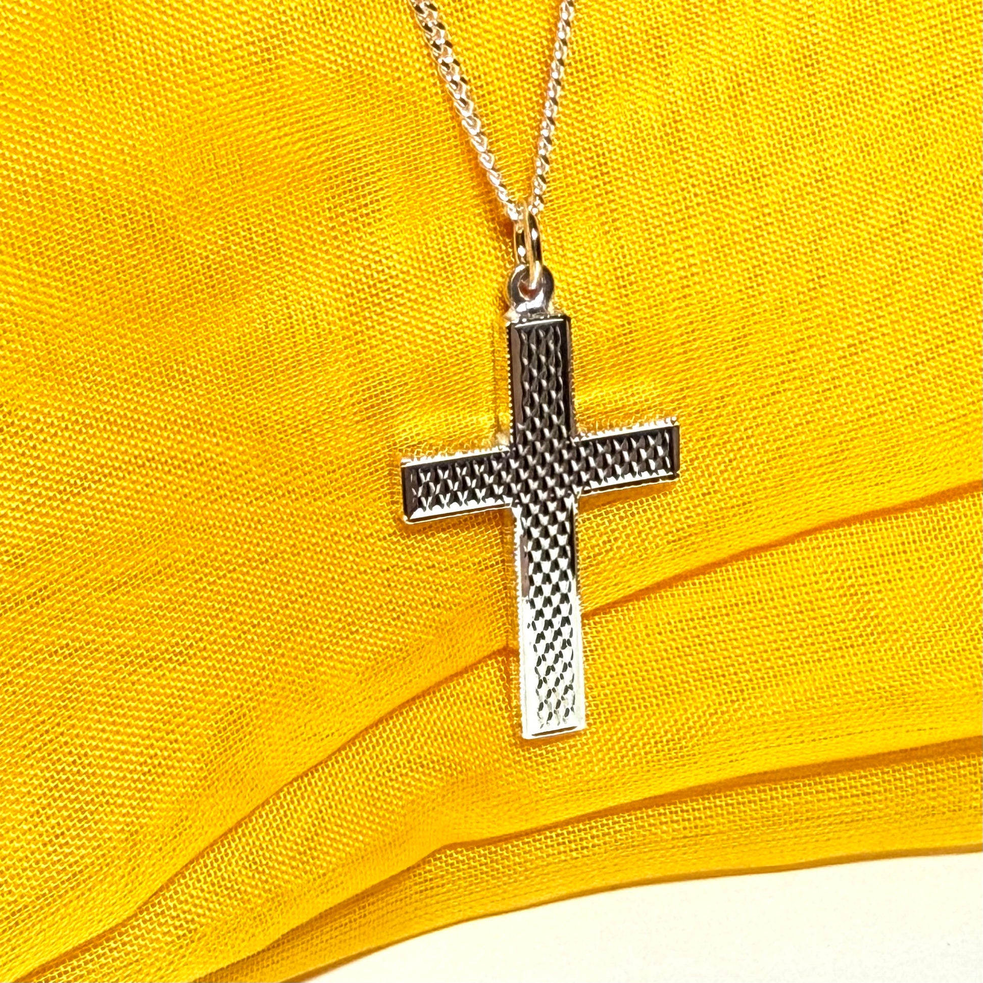 Large solid men’s patterned sterling silver cross necklace