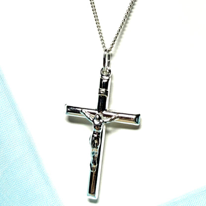 Large solid sterling silver crucifix cross necklace including chain