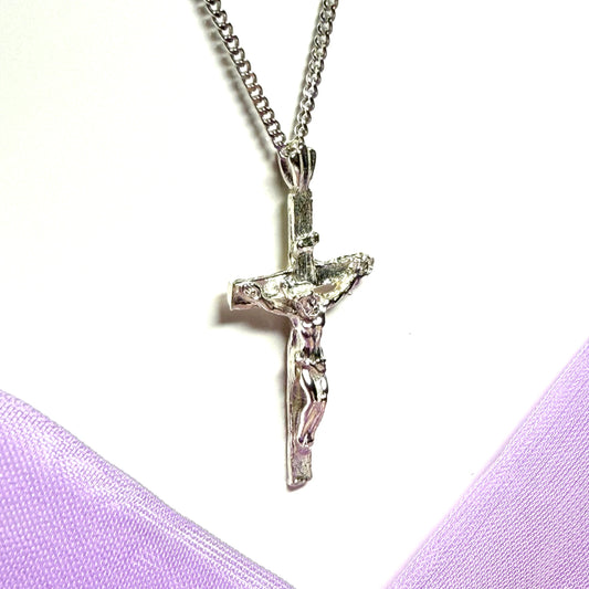 Large solid sterling silver crucifix cross necklace including chain