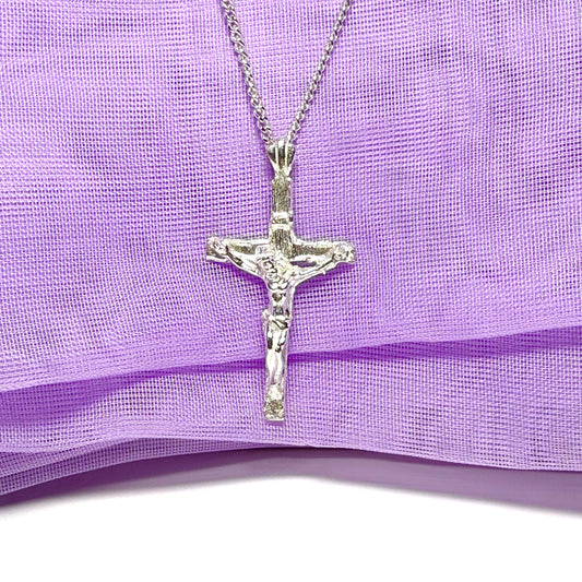 Large solid sterling silver crucifix cross necklace including chain