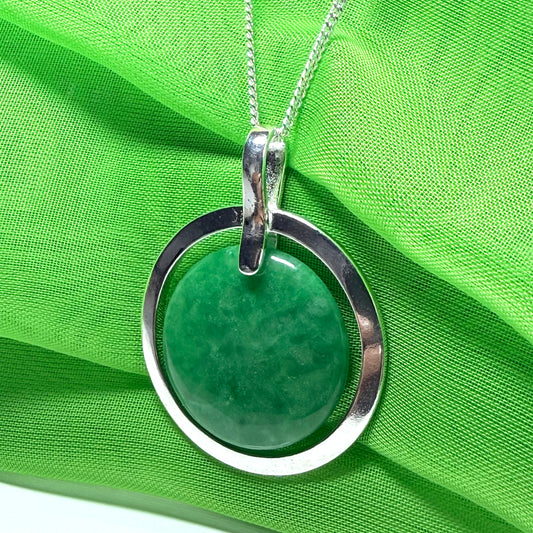 Large sterling silver necklace round shaped dark green real jade pendant