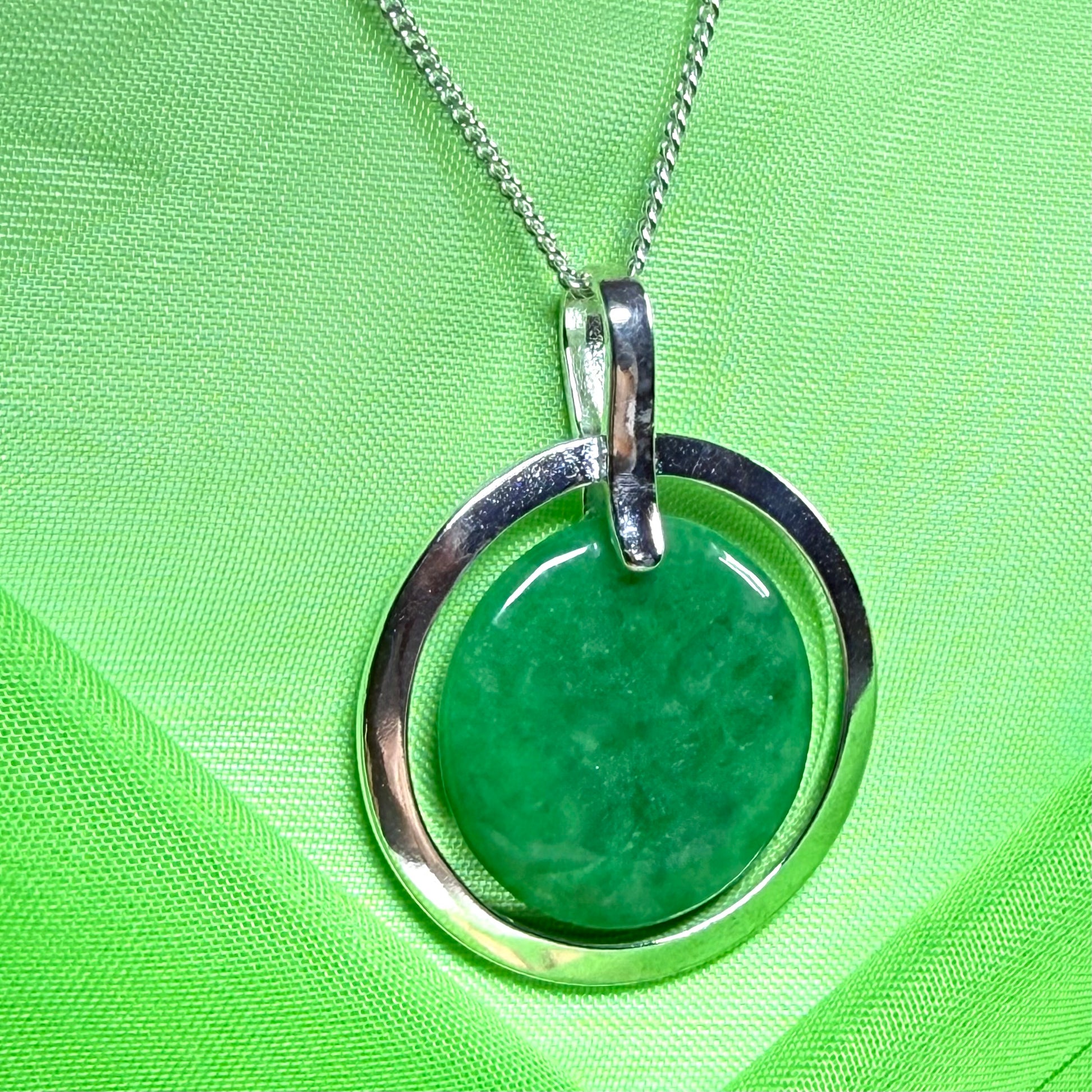 Large sterling silver necklace round shaped dark green real jade pendant
