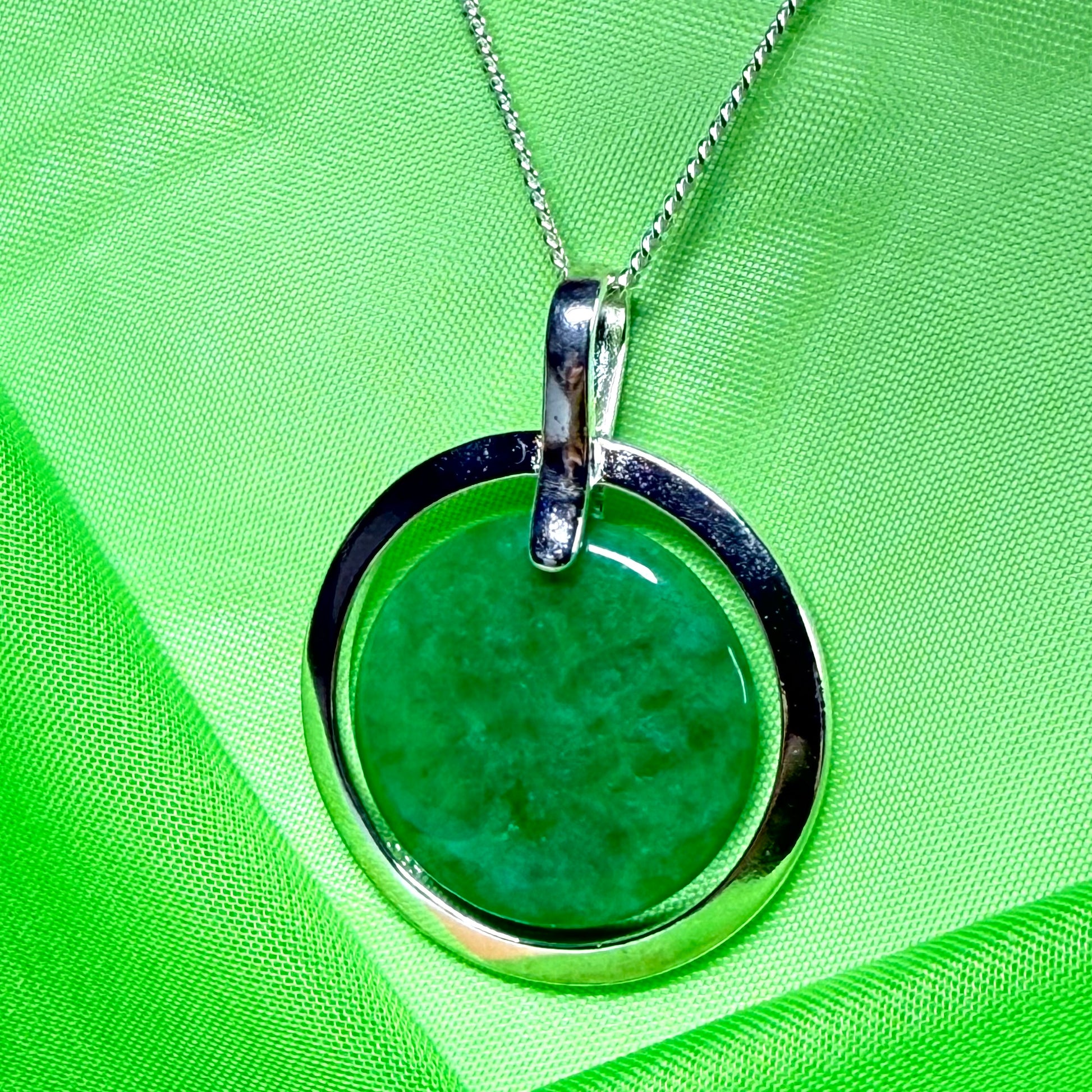 Large sterling silver necklace round shaped dark green real jade pendant