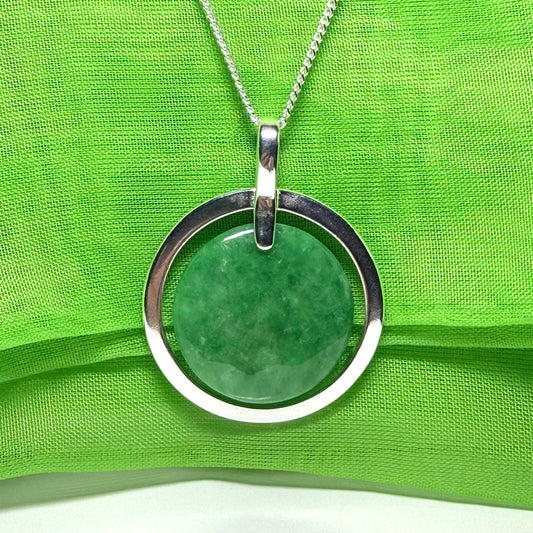 Large sterling silver round shaped dark green real jade necklace pendant