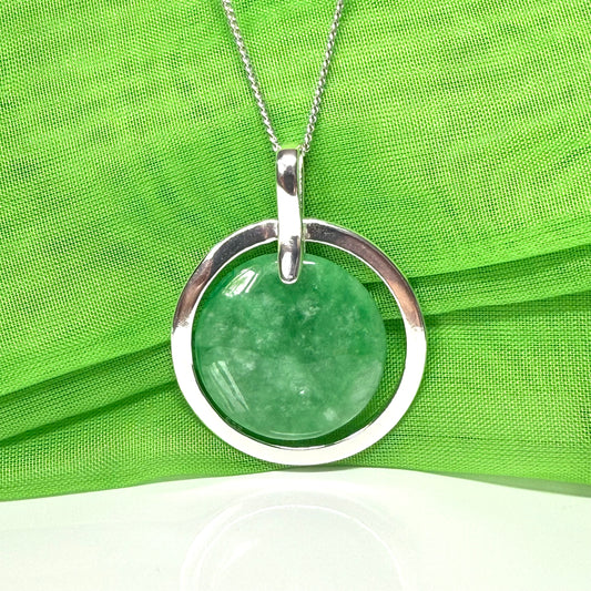 Large sterling silver round shaped green real jade necklace halo style, a timeless pendant design