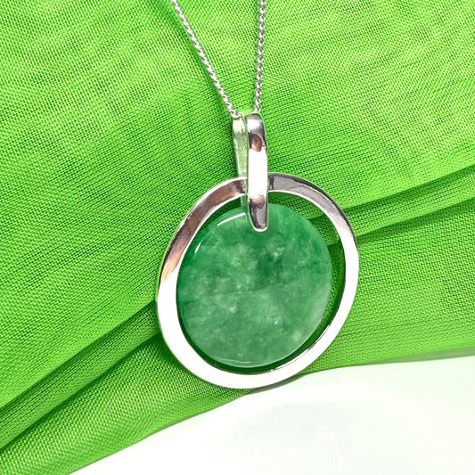Large sterling silver round shaped green real jade necklace halo style, a timeless pendant design