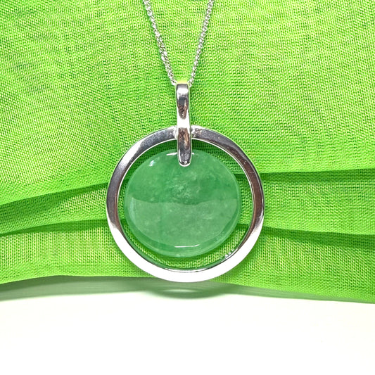 Large sterling silver round shaped green real jade necklace halo style, simply timeless design