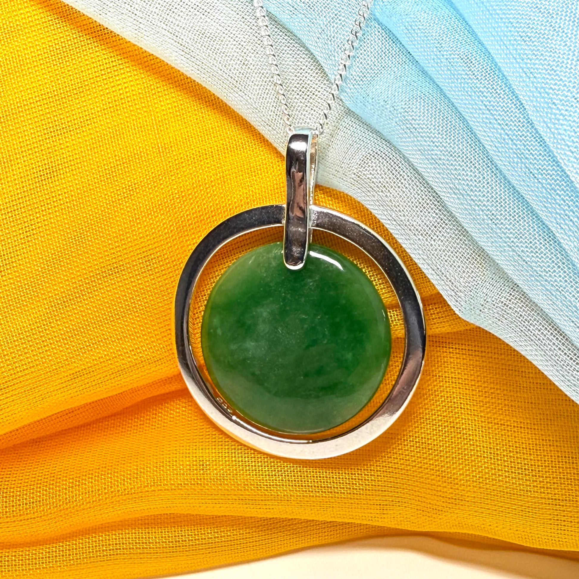 Large sterling silver round shaped green real jade necklace halo style, a stunning and timeless pendant design