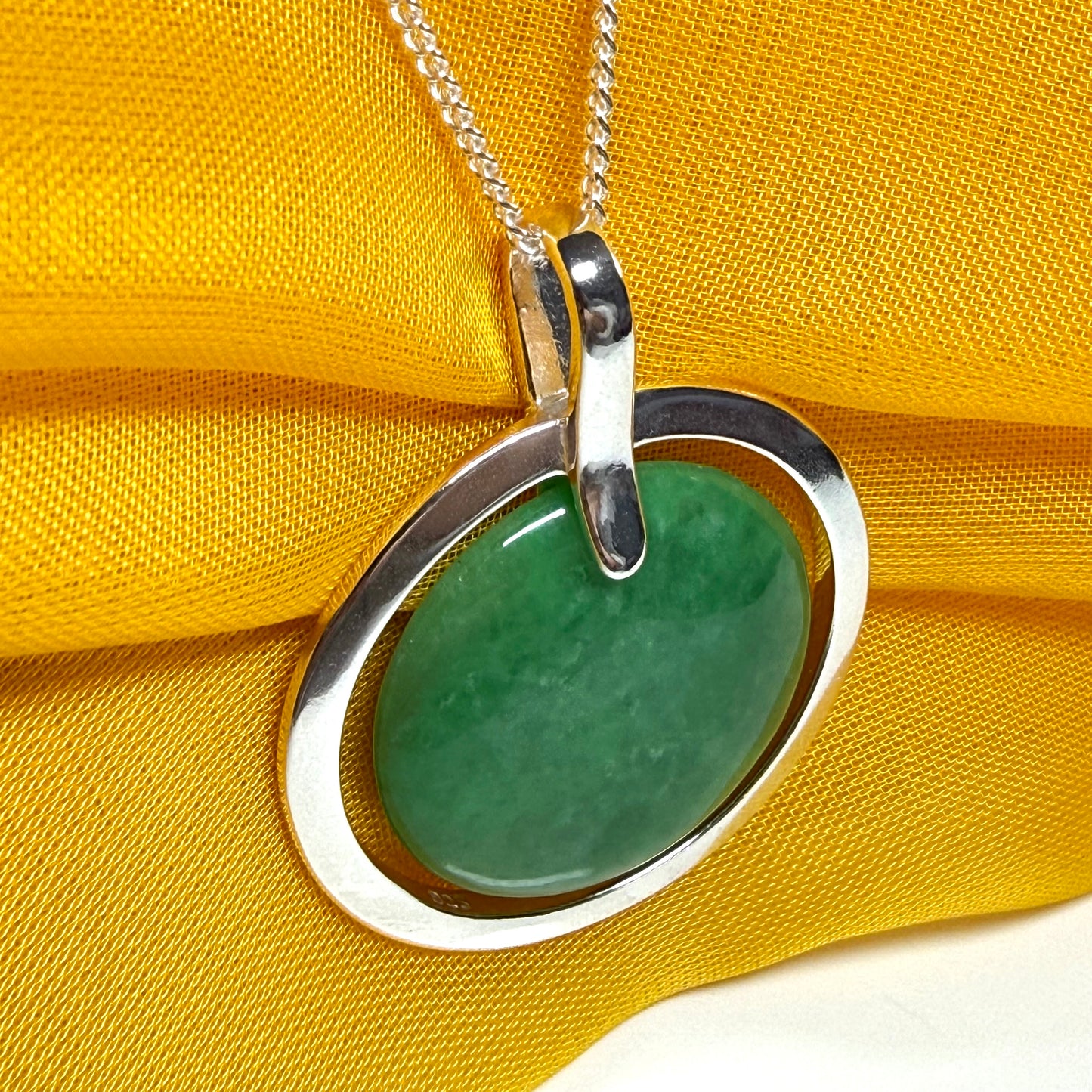 Large silver round shaped dark green real jade necklace pendant with chain