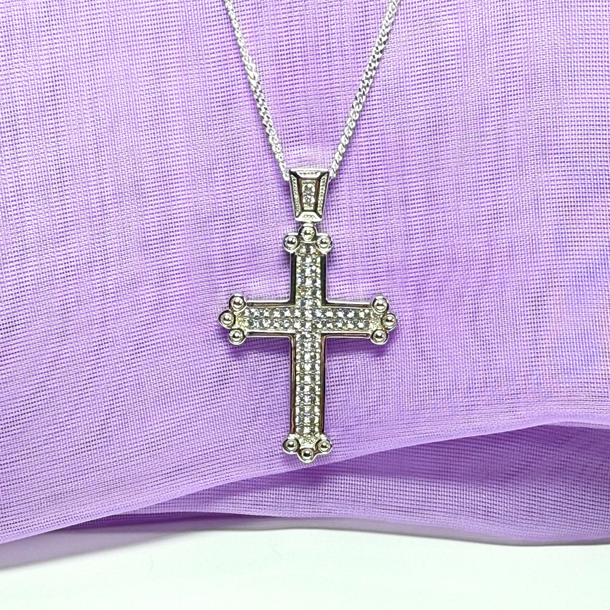 Large stone set cross sterling silver cubic zirconia fancy including chain