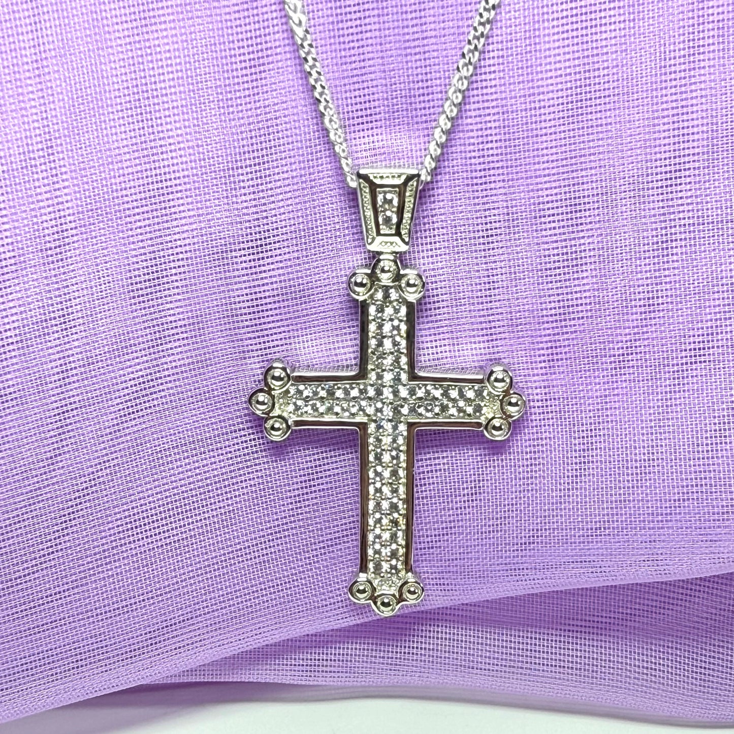 Large stone set cross sterling silver cubic zirconia fancy including chain