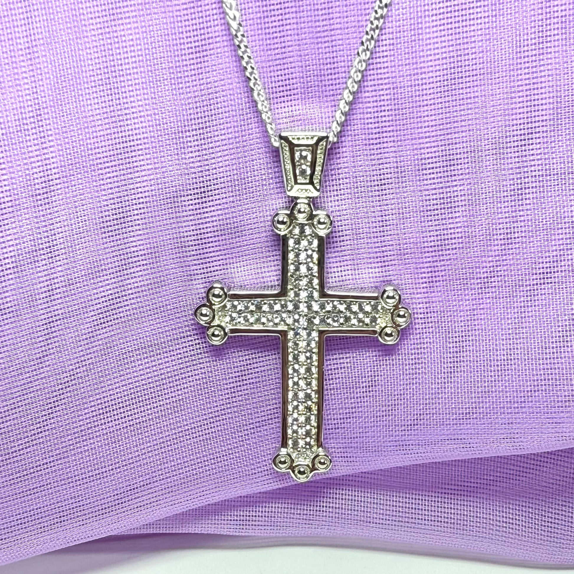 Large stone set cross sterling silver cubic zirconia fancy including chain