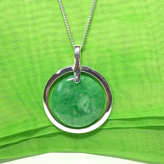 Large timeless real green jade necklace sterling silver round shaped halo styled pendant