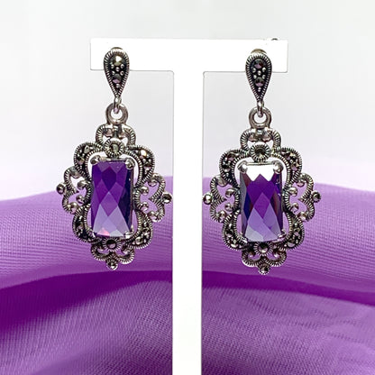 Large amethyst and marcasite fancy drop earrings