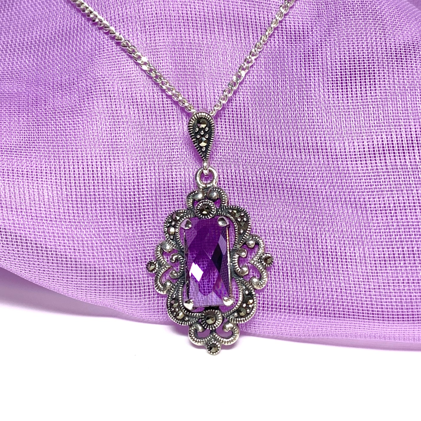 Large amethyst and marcasite silver large drop necklace