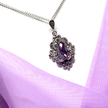 Large amethyst and marcasite silver large drop necklace