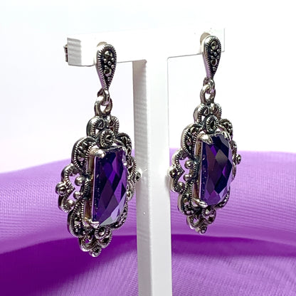 Large amethyst and marcasite fancy drop earrings