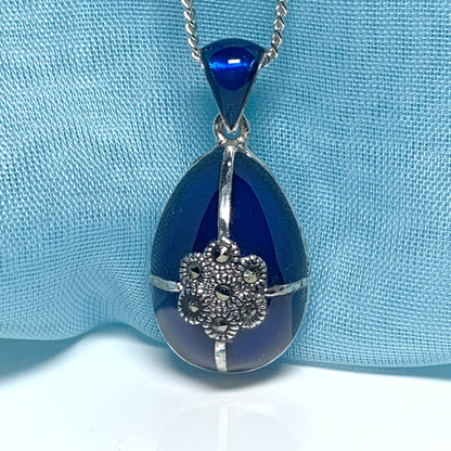 Large blue crystal and marcasite pear teardrop necklace