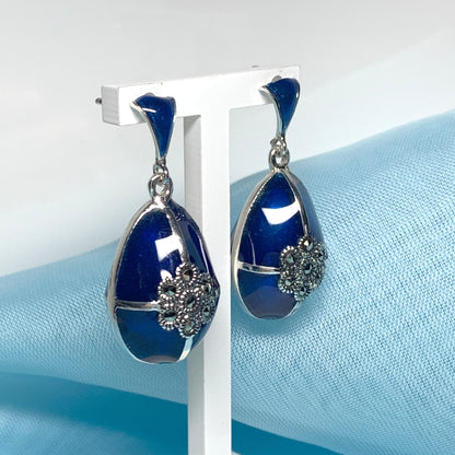 Large blue crystal drop earrings and marcasite pear teardrop