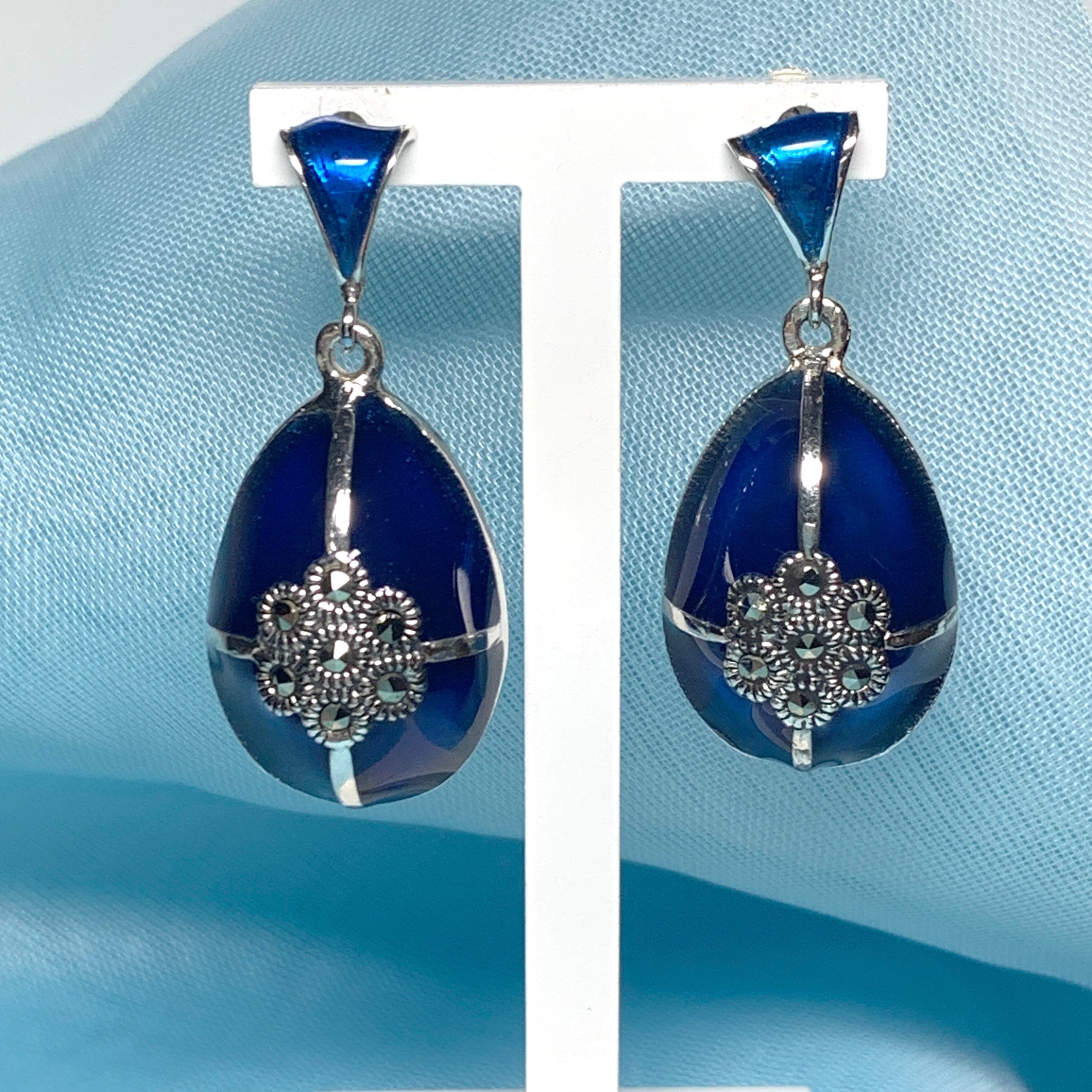 Large blue crystal drop earrings and marcasite pear teardrop