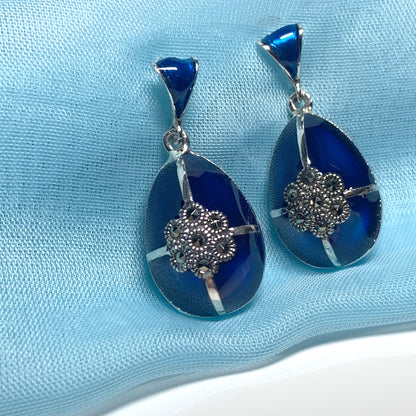 Large blue crystal drop earrings and marcasite pear teardrop