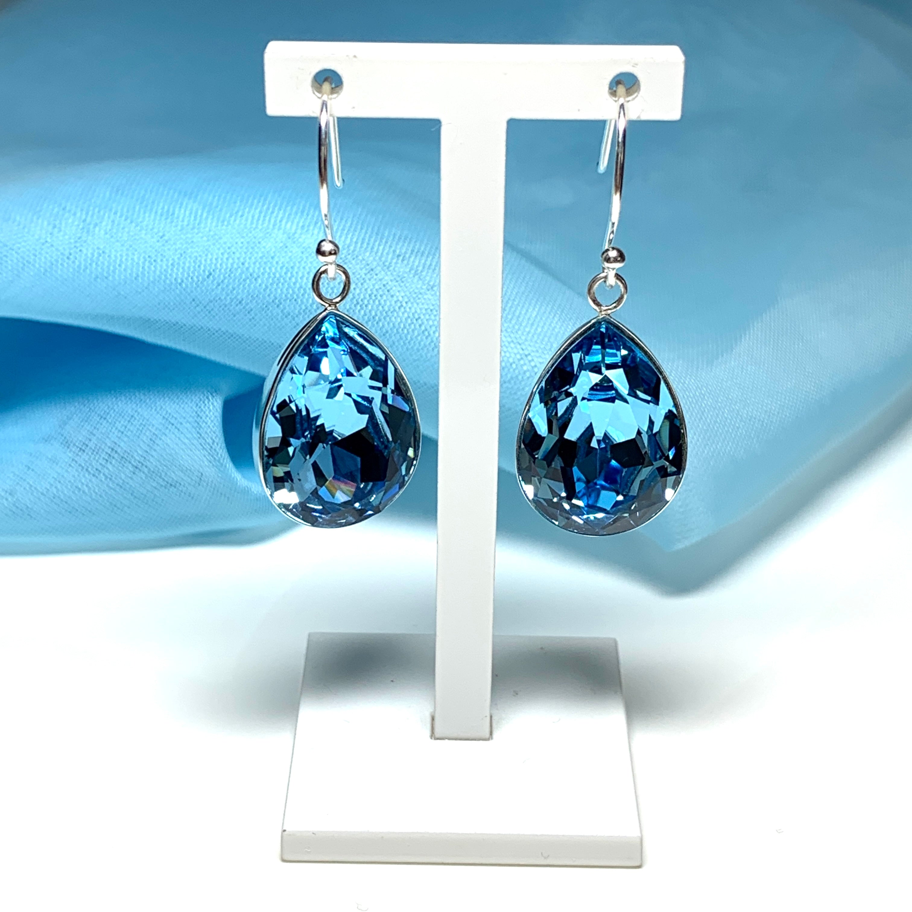 Large blue crystal pear teardrop earrings Sarah Beth Jewellers