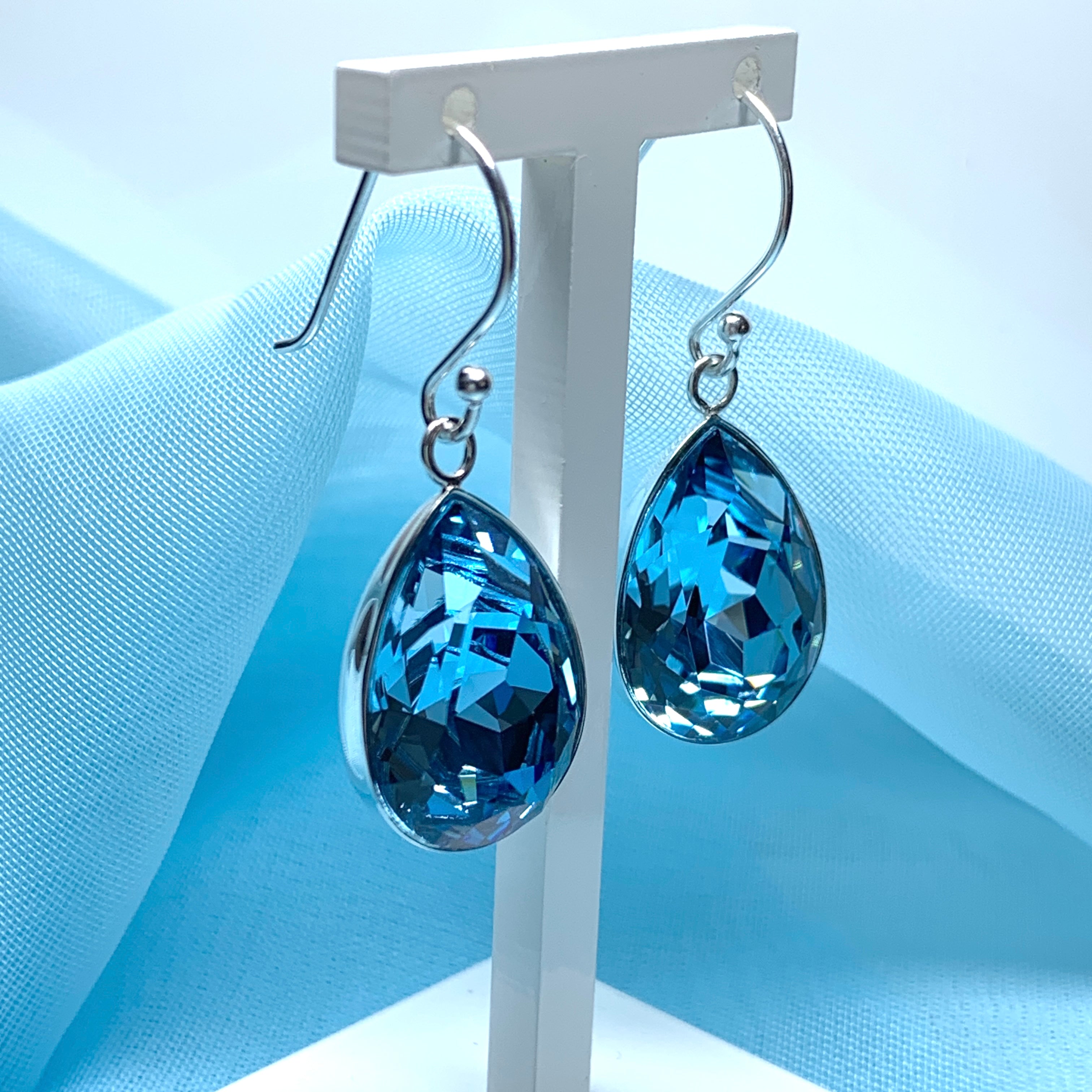 Large blue crystal pear teardrop earrings Sarah Beth Jewellers