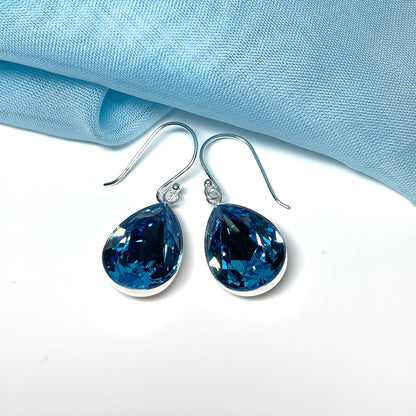 Large blue crystal pear teardrop earrings