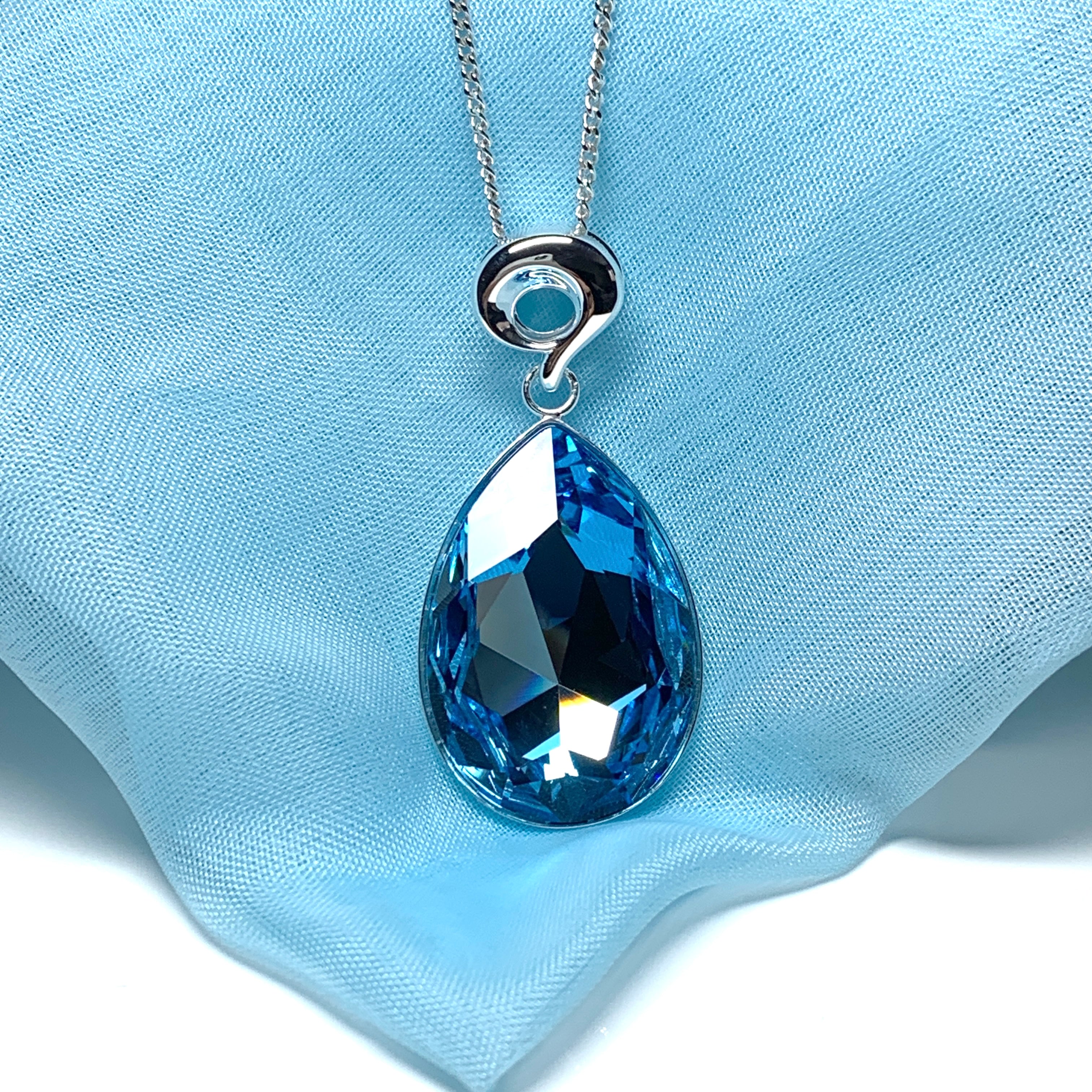 Large blue crystal pear teardrop necklace Sarah Beth Jewellers