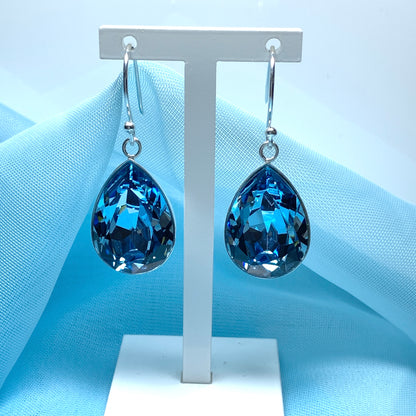 Large blue crystal pear teardrop earrings