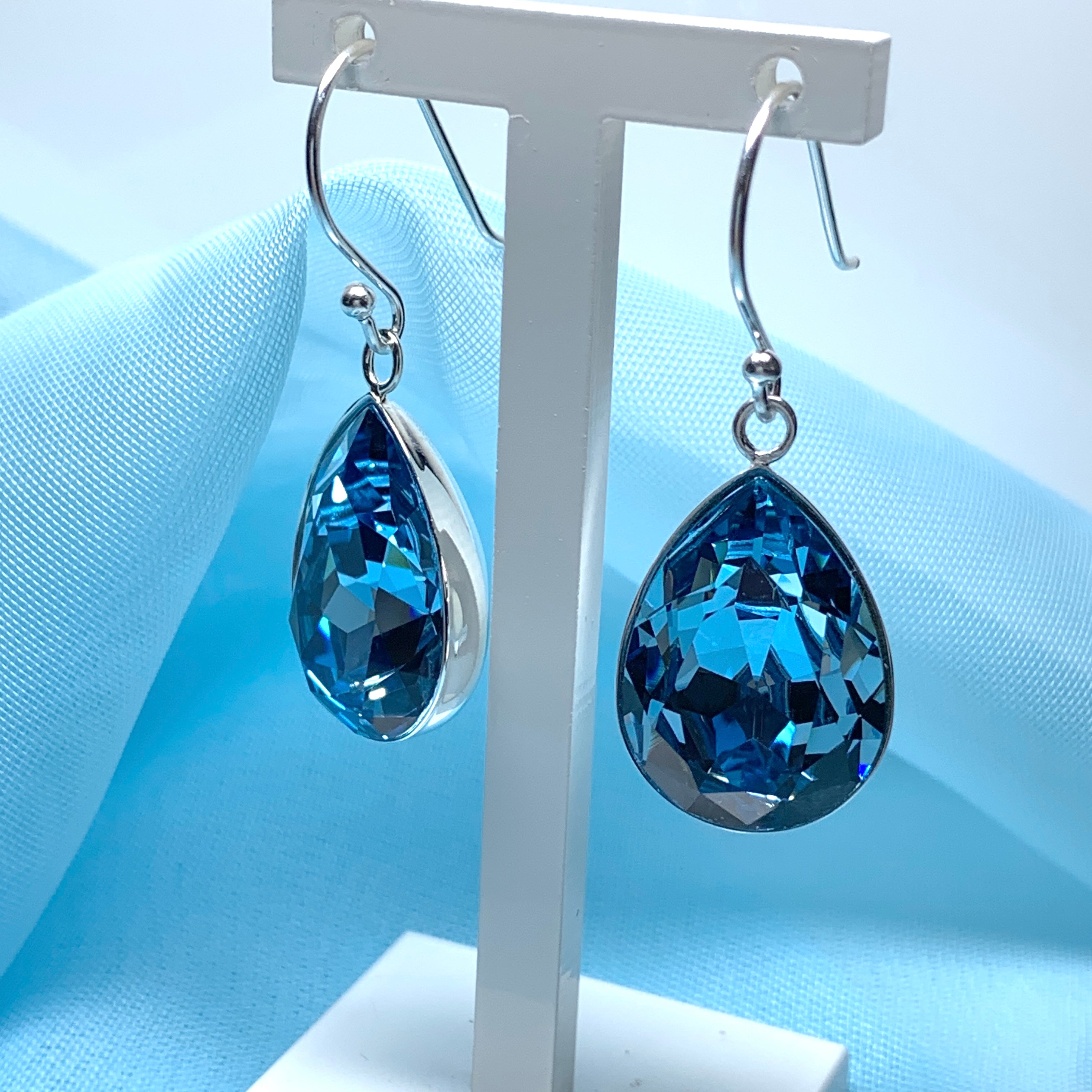 Large blue crystal pear teardrop earrings Sarah Beth Jewellers