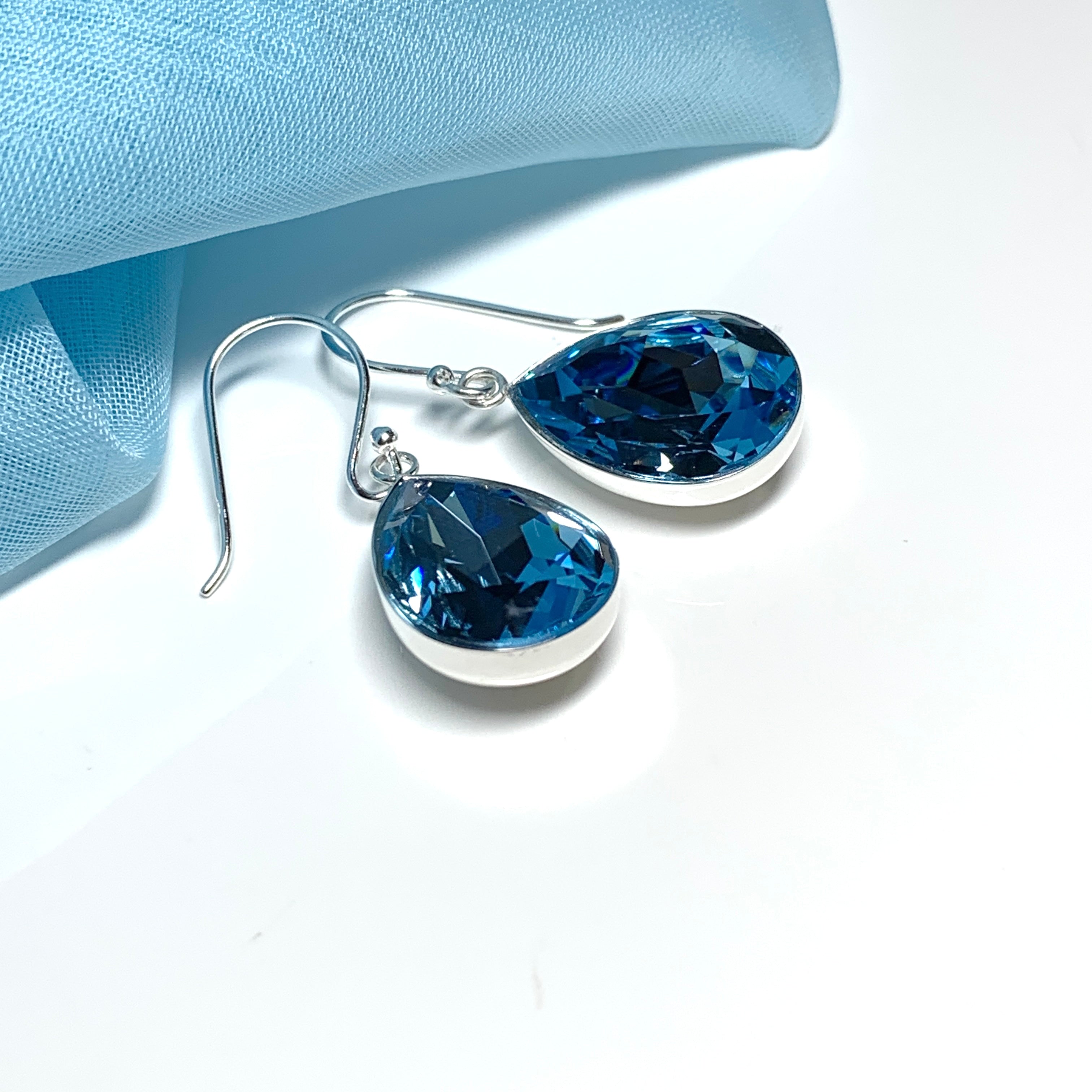 Large blue crystal pear teardrop earrings Sarah Beth Jewellers