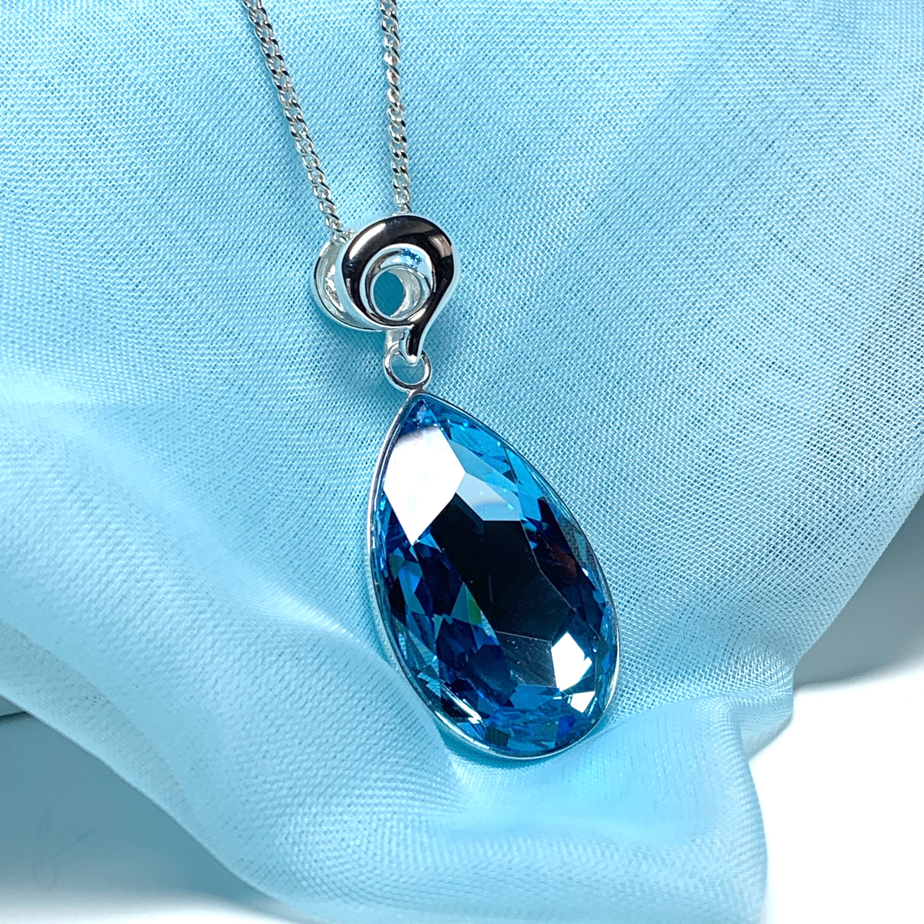 Large blue crystal pear teardrop necklace