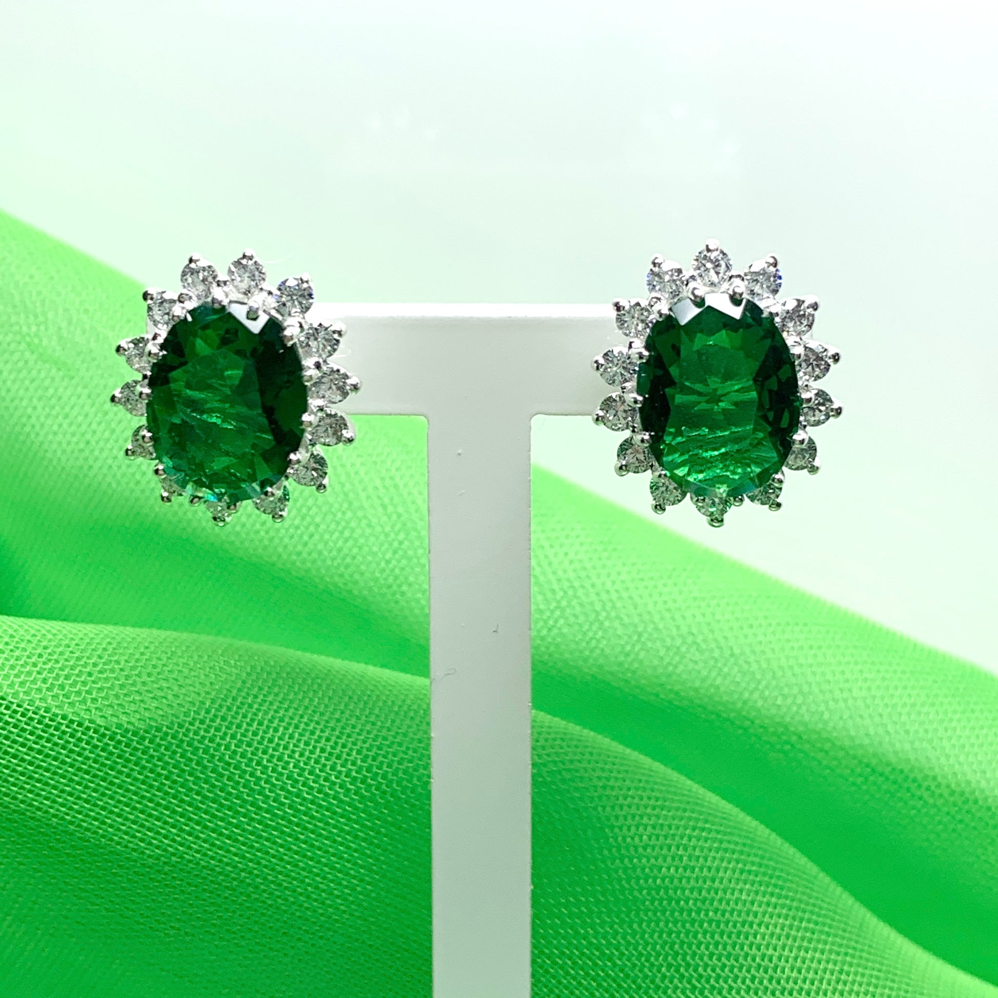 Large bright green and white cubic zirconia oval cluster dress cocktail stud earrings